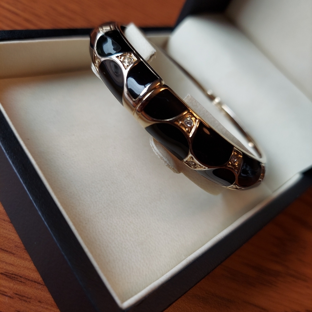 Vintage Black Enamel Cuff Hinged Bracelet w/ Rhinestones.